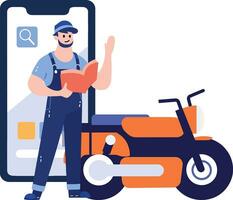 Hand Drawn Motorcycle mechanic character with smartphone In the concept of online repair technician in flat style vector