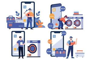 Hand Drawn Engineer or repairman character with smartphone in online repair concept in flat style vector