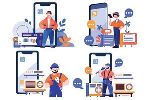 Hand Drawn Engineer or repairman character with smartphone in online repair concept in flat style vector