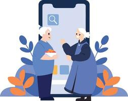 Hand Drawn Elderly characters talk through smartphones in flat style vector