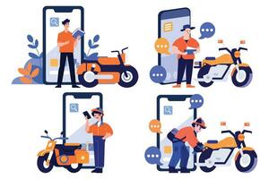 Hand Drawn Motorcycle mechanic character with smartphone In the concept of online repair technician in flat style vector