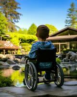 Little boy in a wheelchair seated with his back facing a view. Generative AI photo