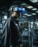 A futuristic digital warehouse manager checks the warehouse with vr glasses. Generative AI photo