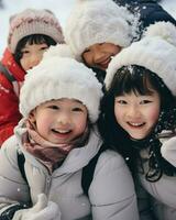 grupo de niños jugando teniendo divertido en el nieve. generativo ai foto