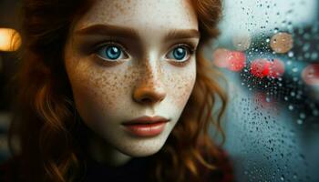Freckled woman gazes out window.. Generative AI photo