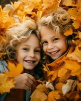 Two joyful kids, their faces beaming, surrounded by vibrant autumn leaves, creating a picturesque moment of pure happiness.. Generative AI photo