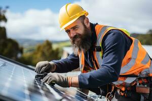 Low angle view of a male worker installing solar panels on a roof Ai generative photo