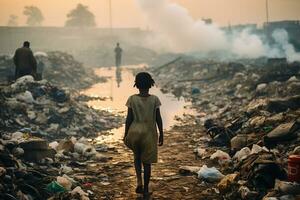 un mujer es en pie en un lago y mirando a el basura ai generativo foto