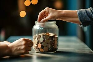 Woman putting coins into glass jar at table Ai generative photo