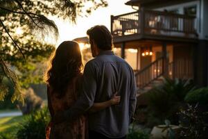Back view of young couple hugging and looking at new house Ai generative photo