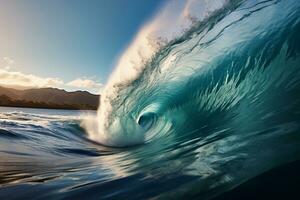 Ocean wave at sunset with reflection on water surface. Blue sky with white clouds. Ai generative photo