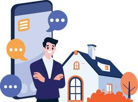 Hand Drawn House broker character with smartphone In Concept Real Estate Online in flat style vector