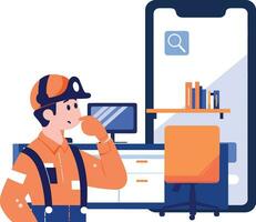 mano dibujado ingeniero o reparador personaje con teléfono inteligente en en línea reparar concepto en plano estilo vector