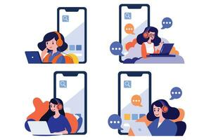 Hand Drawn Call center characters with smartphones in the concept of online support in flat style vector