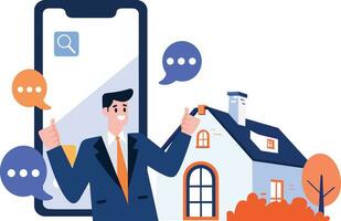 Hand Drawn House broker character with smartphone In Concept Real Estate Online in flat style vector