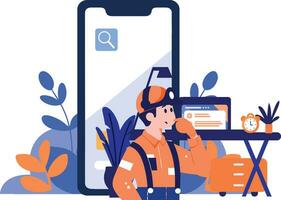 Hand Drawn Engineer or repairman character with smartphone in online repair concept in flat style vector