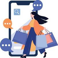 Hand Drawn Female character holding a gift with smartphone in online shopping concept in flat style vector