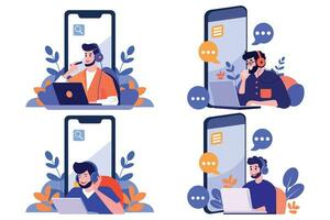 Hand Drawn Call center characters with smartphones in the concept of online support in flat style vector