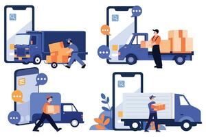 Hand Drawn Delivery man character with truck In the concept of online delivery in flat style vector