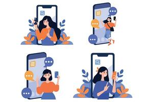 Hand Drawn Female character talking with smartphone in online communication concept in flat style vector