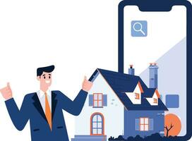 Hand Drawn House broker character with smartphone In Concept Real Estate Online in flat style vector