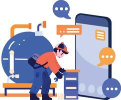 Hand Drawn Engineer or repairman character with smartphone in online repair concept in flat style vector