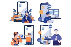 Hand Drawn Engineer or repairman character with smartphone in online repair concept in flat style vector