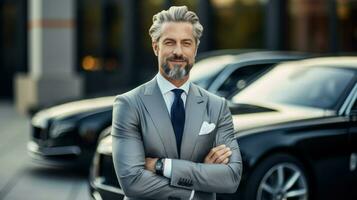 Successful businessman posing in front of his luxury car. Generative AI photo