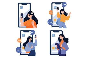 Hand Drawn Female character talking with smartphone in online communication concept in flat style vector