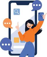 Hand Drawn Female character talking with smartphone in online communication concept in flat style vector