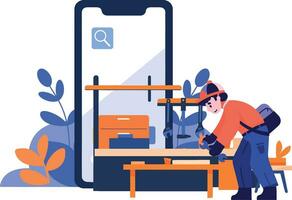 Hand Drawn Engineer or repairman character with smartphone in online repair concept in flat style vector