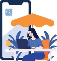 Hand Drawn Freelance female character sitting and working online In the concept of working online in flat style vector