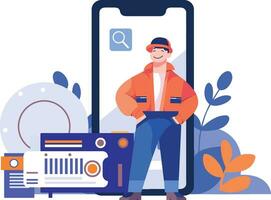 Hand Drawn Engineer or repairman character with smartphone in online repair concept in flat style vector