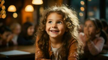 un pequeño niña con Rizado cabello, en un calentar luz, mirando sorprendido o en temor.. generativo ai foto