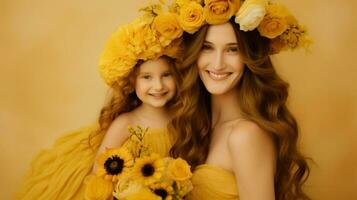 madre y su pequeño hija vistiendo un corona lleno de flores generativo ai foto