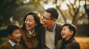 Happy pose of an Asian family in the park among the greenery. Generative AI photo