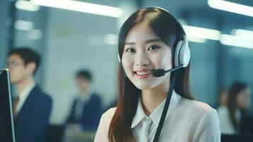 Asian young friendly call center worker wearing a headset and microphone. Generative AI photo