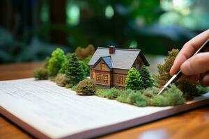 A miniature model of a house on a book with a pencil. Ai generative photo