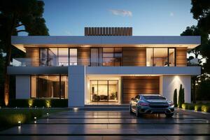 3d rendering of modern cozy house with pool and parking for sale or rent in luxurious style. Ai generative photo