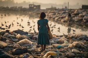 A woman is standing on a lake and looking at the garbage Ai generative photo