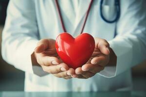 Female doctor holding red heart in hands, closeup. Charity and donation concept Ai generative photo