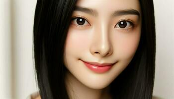 Close-up photo of a young Asian woman with straight black hair, a delicate nose, and almond-shaped brown eyes, a hint of a smile playing on her lips. Generative AI
