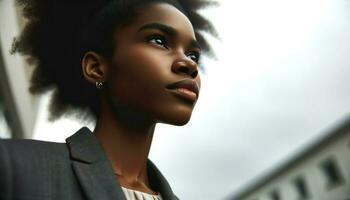 Photo of a close-up of a female business person of African descent, captured from a low angle, highlighting her determined gaze as she looks towards. Generative AI