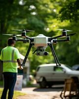 A person using a drone in his garden. Generative AI photo