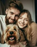 un contento Pareja posando con su perro. generativo ai foto