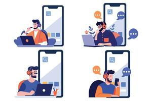 Hand Drawn Call center characters with smartphones in the concept of online support in flat style vector