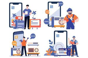 Hand Drawn Engineer or repairman character with smartphone in online repair concept in flat style vector