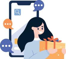 Hand Drawn Female character holding a gift with smartphone in online shopping concept in flat style vector