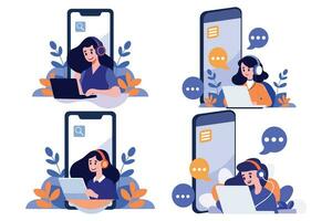 Hand Drawn Call center characters with smartphones in the concept of online support in flat style vector