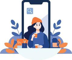 Hand Drawn Freelance female character sitting and working online In the concept of working online in flat style vector